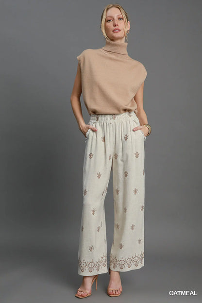 Umgee Oatmeal Linen Blend Wide Leg Pants with Detail