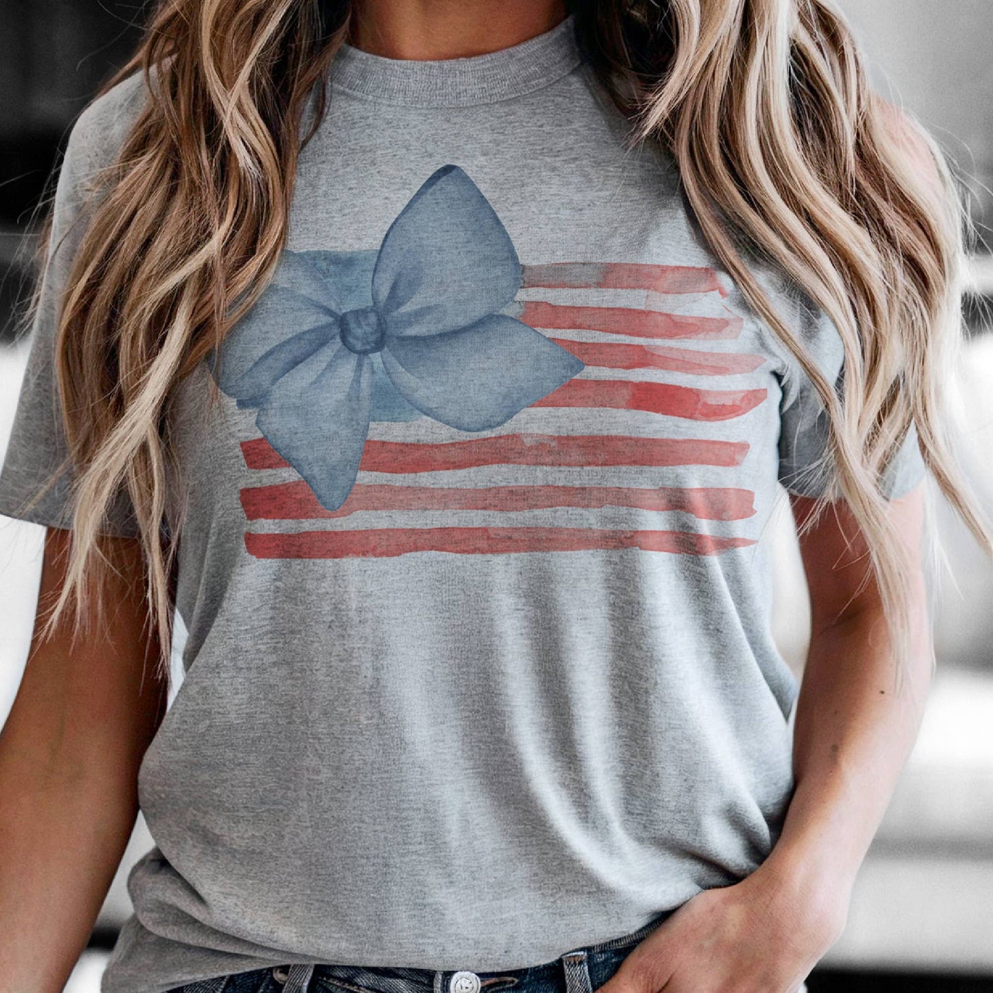 USA Flag Blue Bow Watercolor Patriotic Holiday Graphic Tee