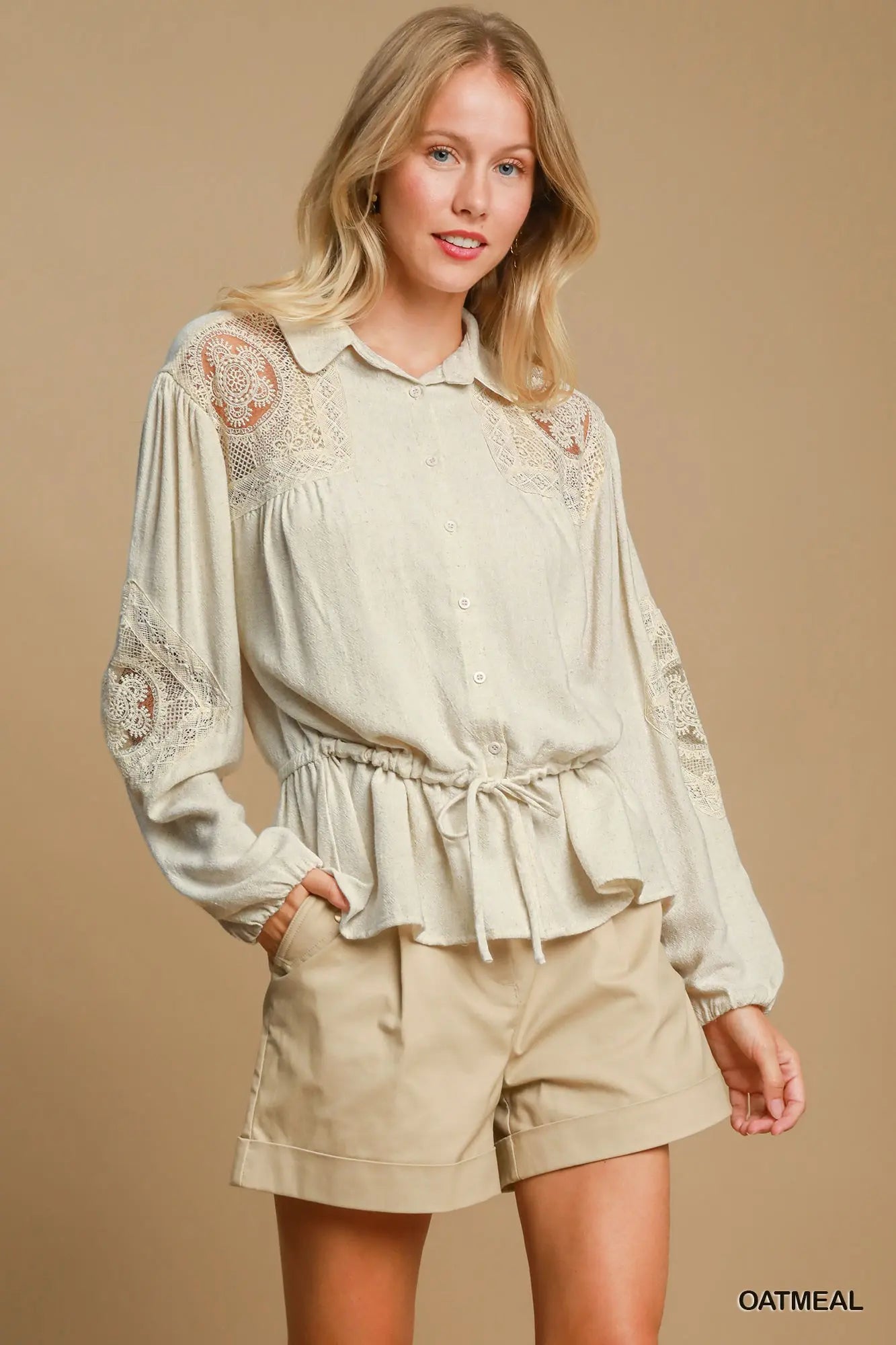 Umgee Eyelet Embroidered Lace Linen Shirt