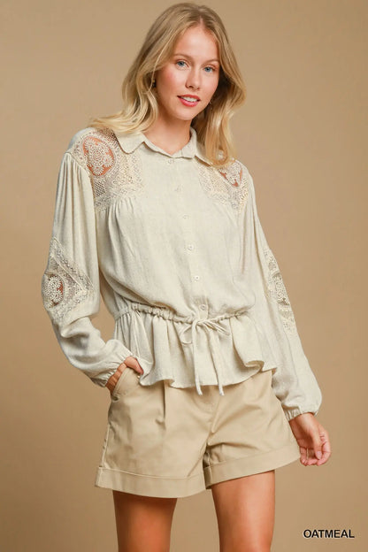 Umgee Eyelet Embroidered Lace Linen Shirt