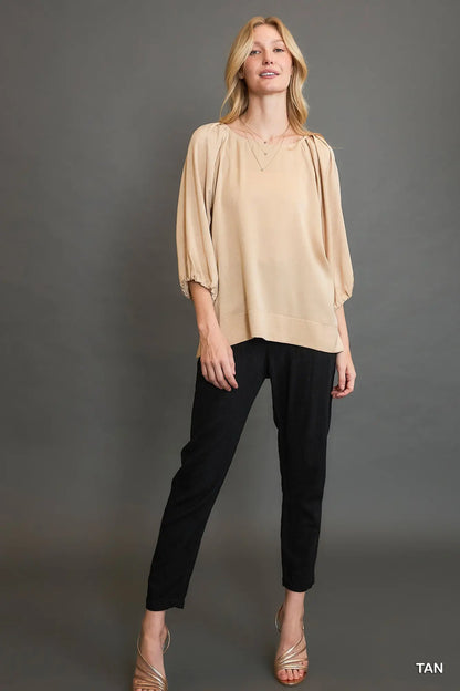 Umgee Tan Crinkled Satin Top