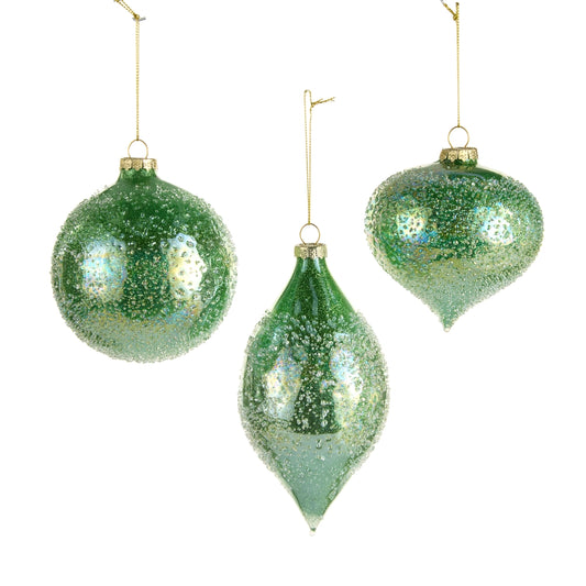 Light green iced glass Christmas ornaments with frosted finish