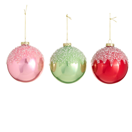 Pink, red, and green icing drizzle Christmas ornaments