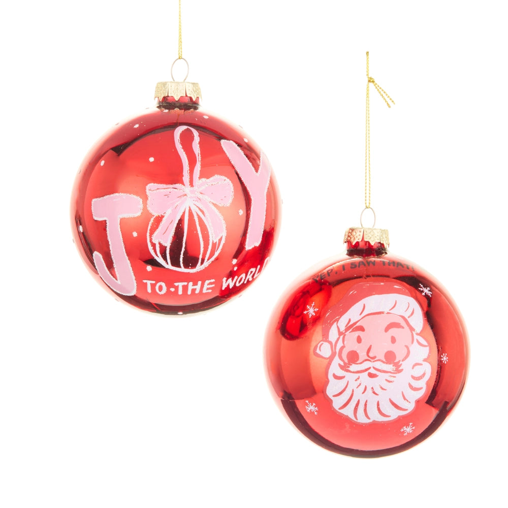 Pink and red glass Christmas ball ornaments with Joy to the World and Santa designs