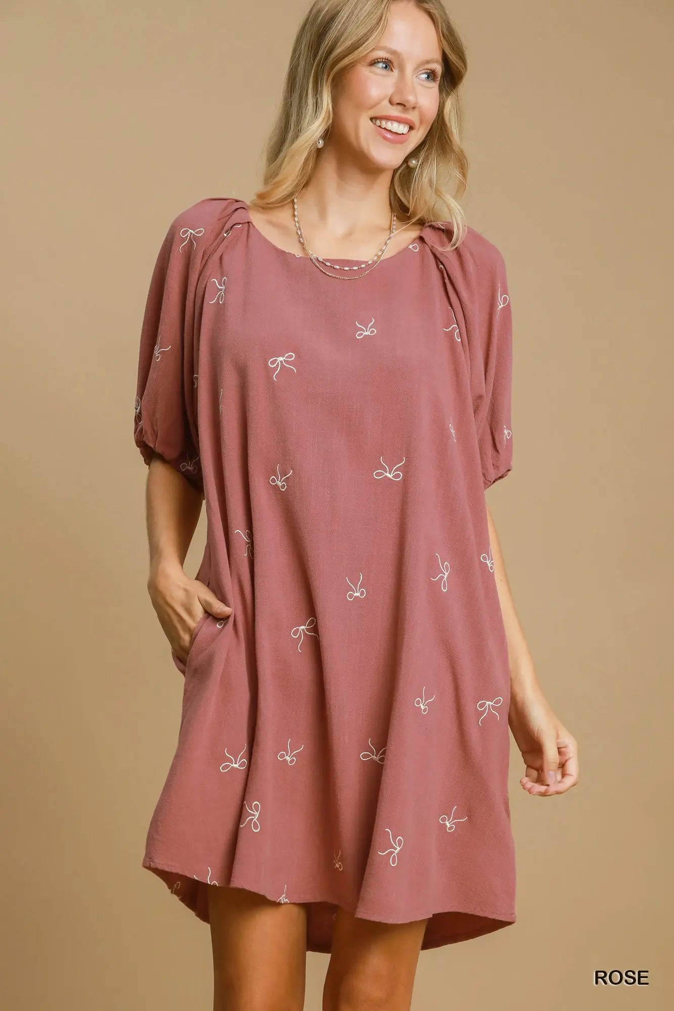 Umgee Rose Linen Blend High Low Dress with Bows