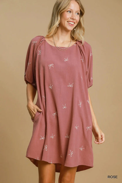 Umgee Rose Linen Blend High Low Dress with Bows