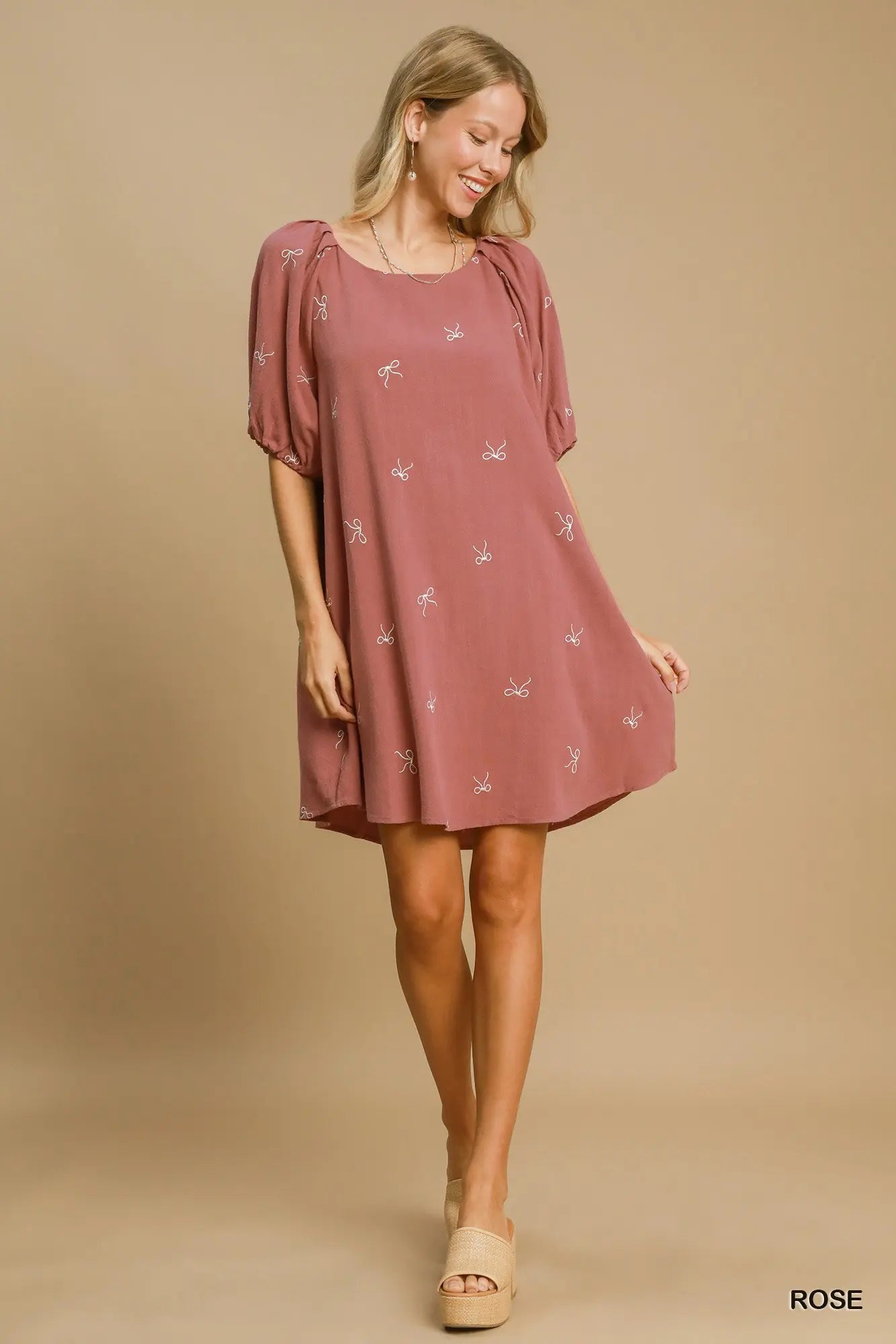 Umgee Rose Linen Blend High Low Dress with Bows