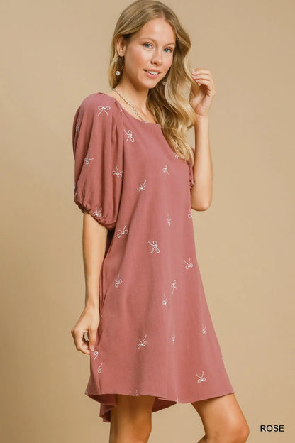 Umgee Rose Linen Blend High Low Dress with Bows