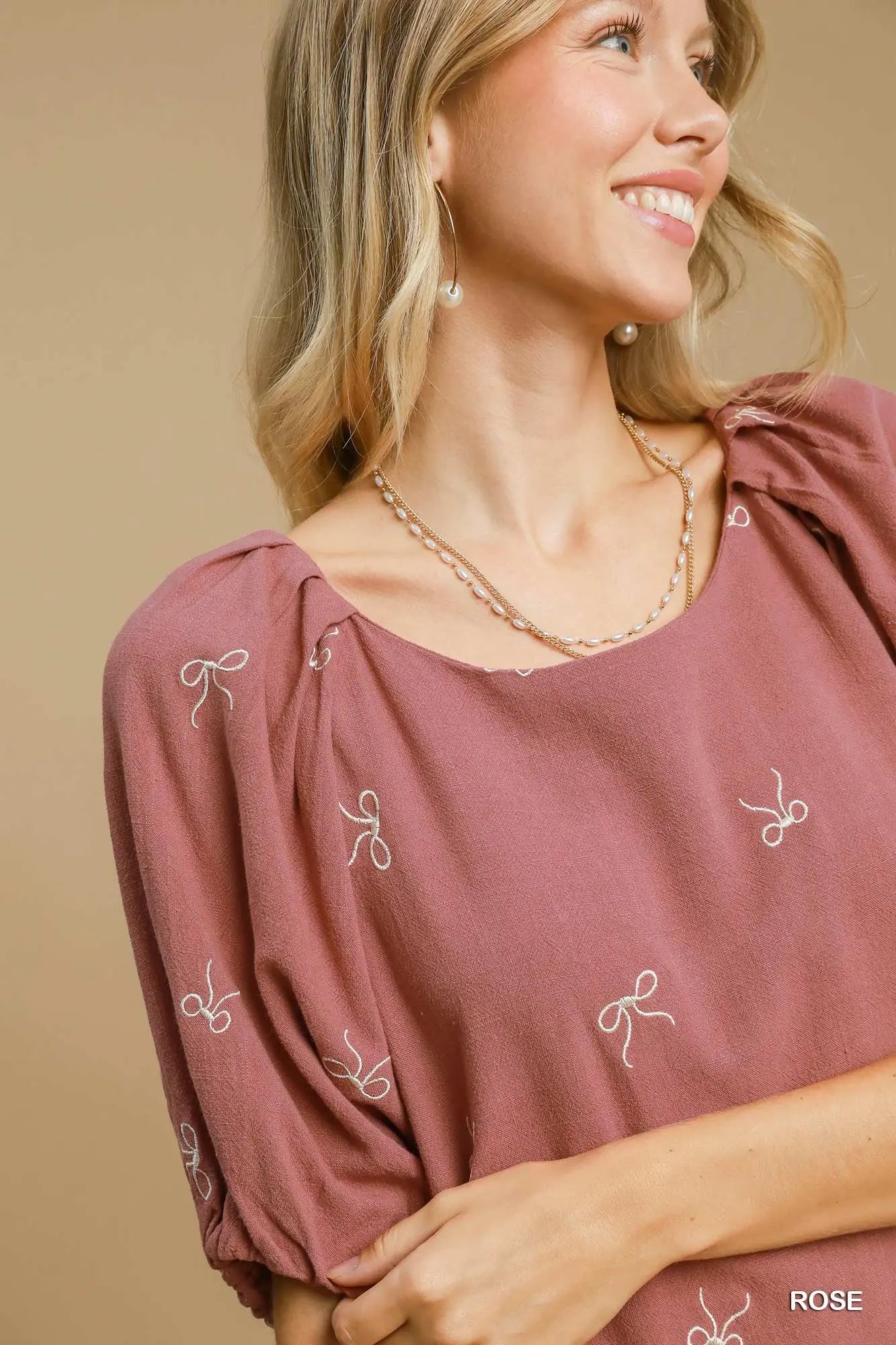 Umgee Rose Linen Blend High Low Dress with Bows