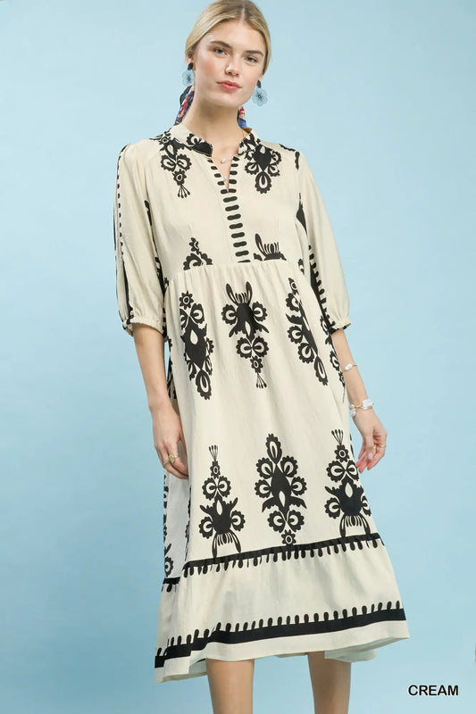 Umgee Cream and Black Abstract Print Midi Dress