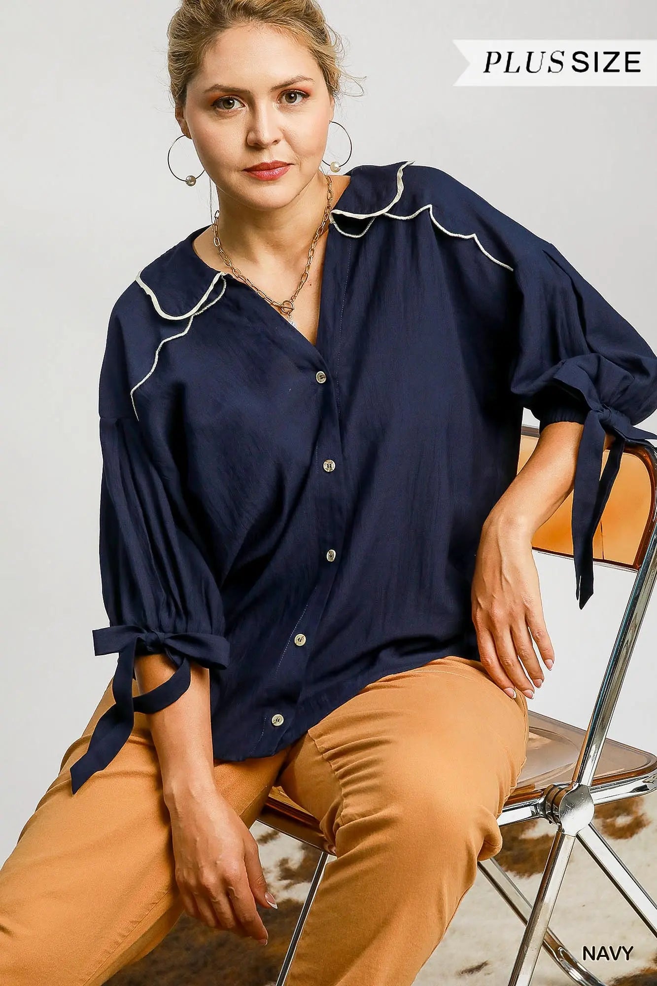 Umgee Plus Navy Button Down Collared Top