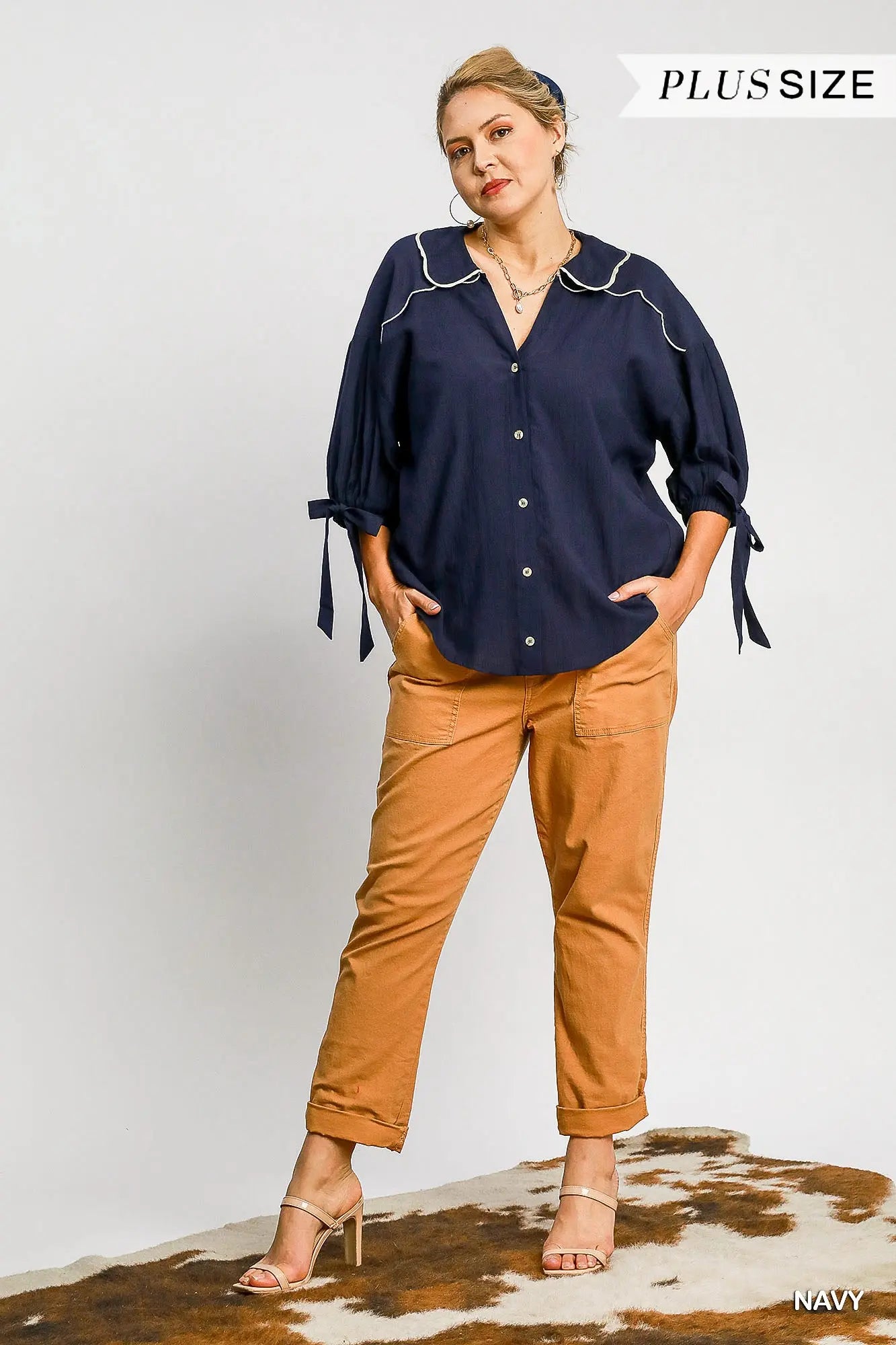 Umgee Plus Navy Button Down Collared Top
