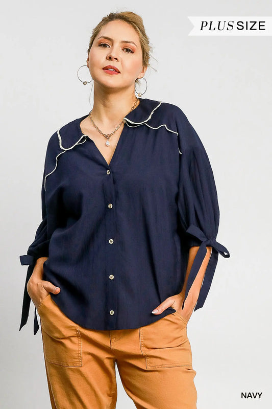 Umgee Plus Navy Button Down Collared Top