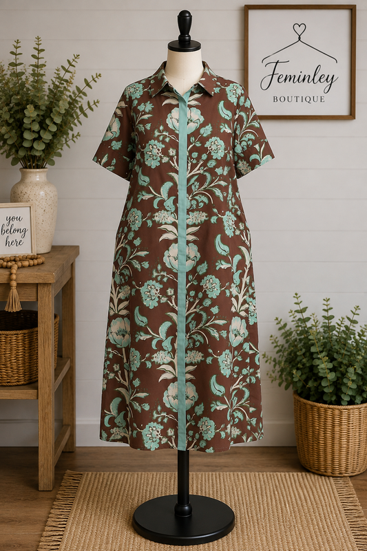 Entro Floral Print Midi Dress - Chocolate