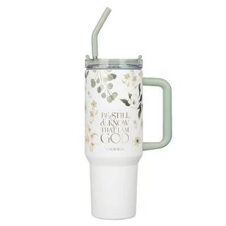 Be Still Teal Meadow 40 Oz Tumbler with Reusable Straw - Psalm 46:10