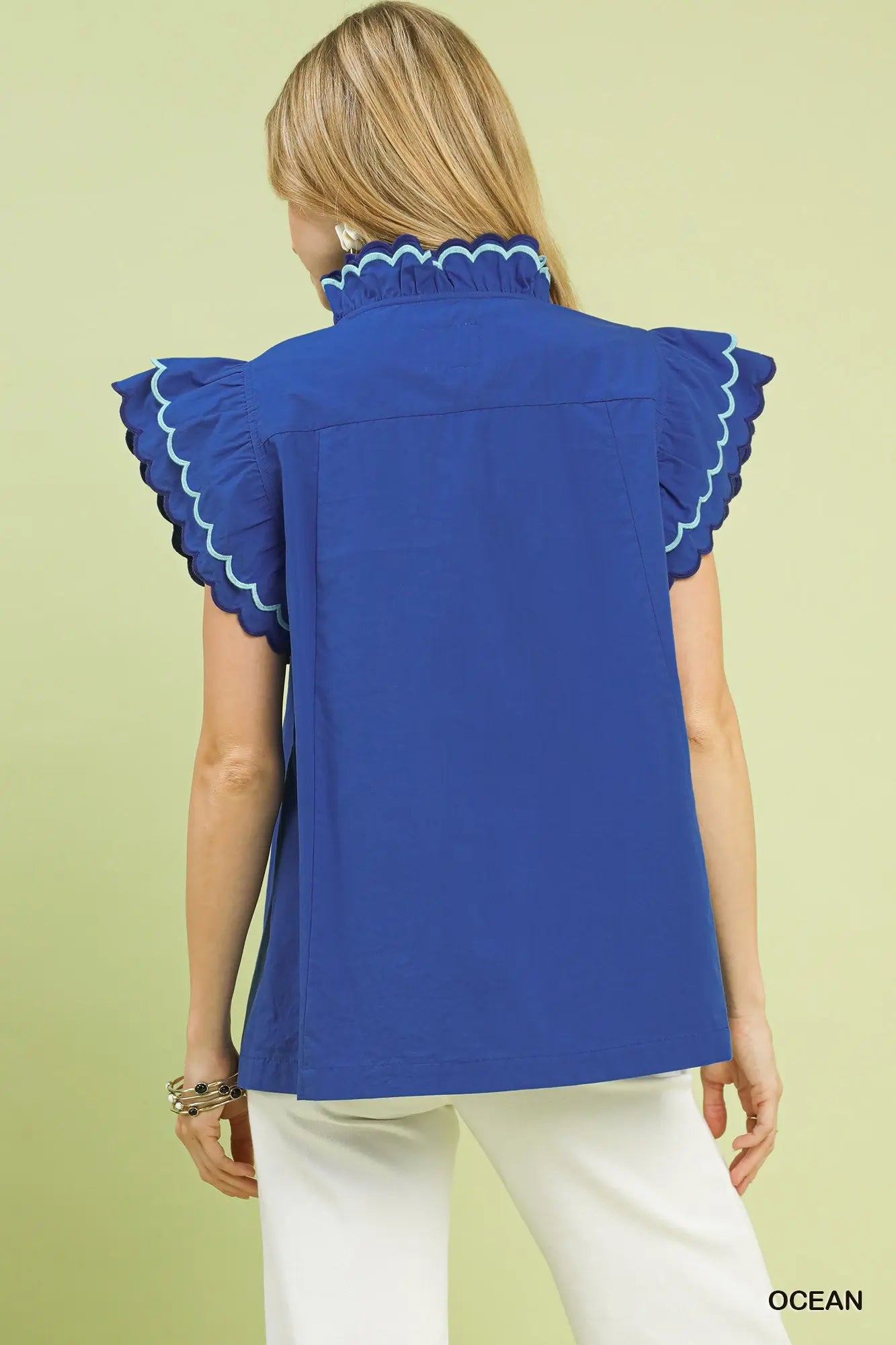 Umgee Scallop Trim Ruffle Sleeve Top - Blue or Green