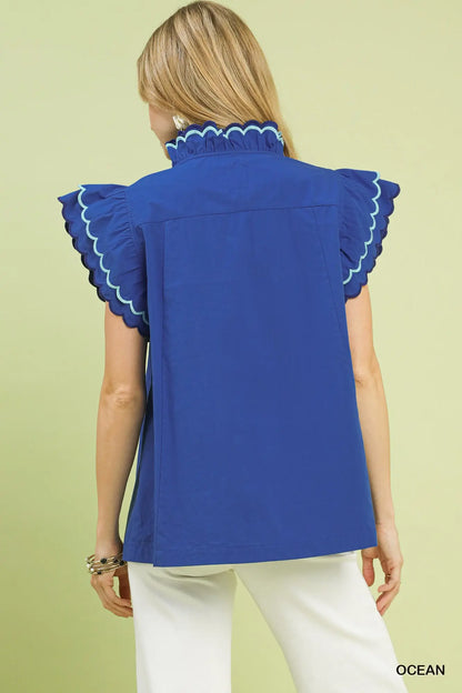 Umgee Scallop Trim Ruffle Sleeve Top - Blue or Green