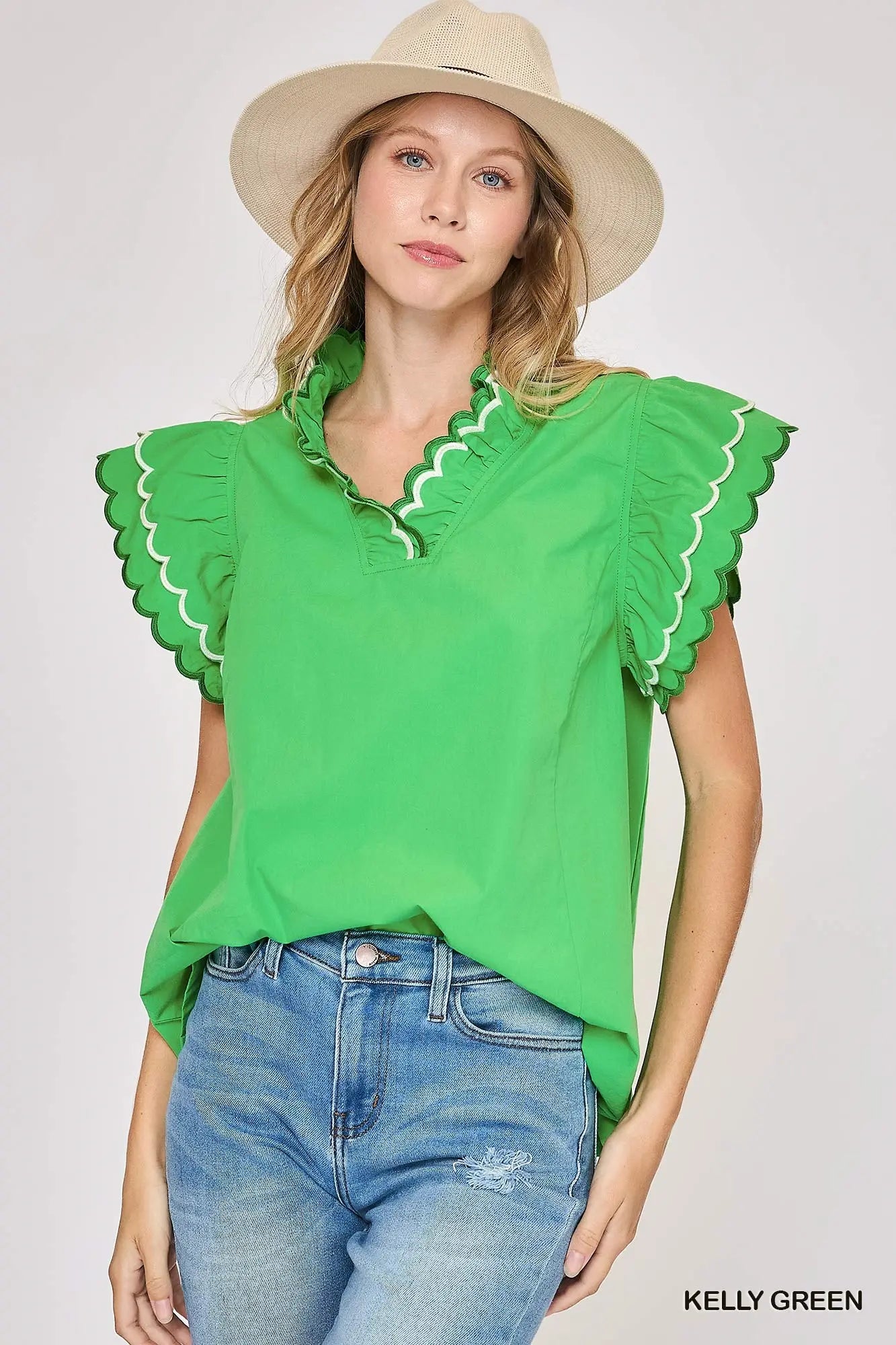Umgee Scallop Trim Ruffle Sleeve Top - Blue or Green
