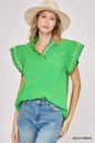 Umgee Scallop Trim Ruffle Sleeve Top - Blue or Green