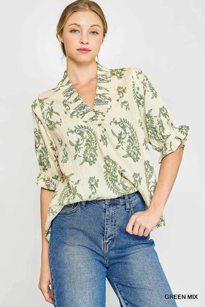 Umgee Green Paisley Print V-Neck Top