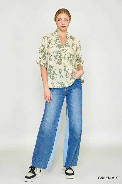 Umgee Green Paisley Print V-Neck Top