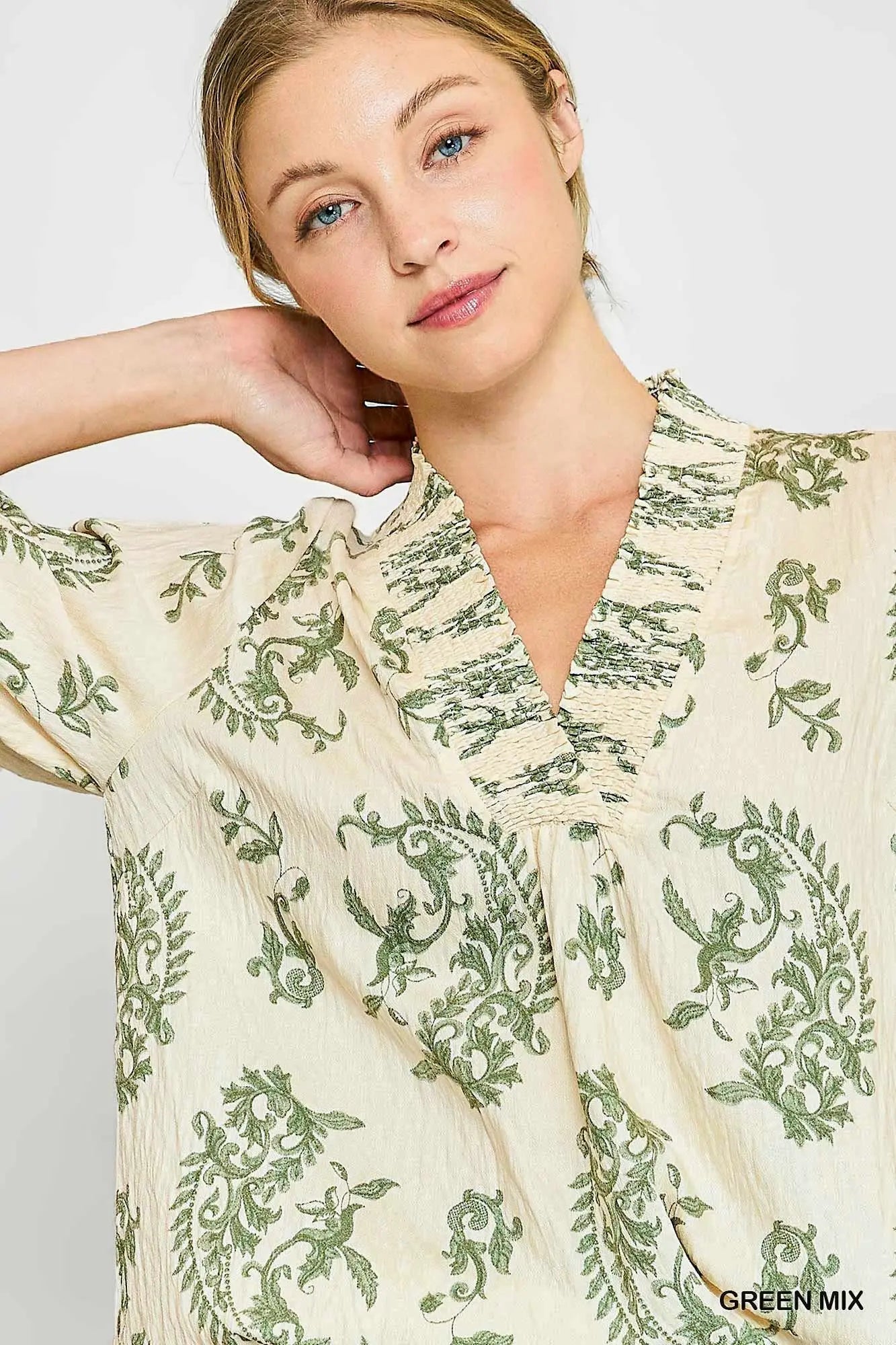 Umgee Green Paisley Print V-Neck Top