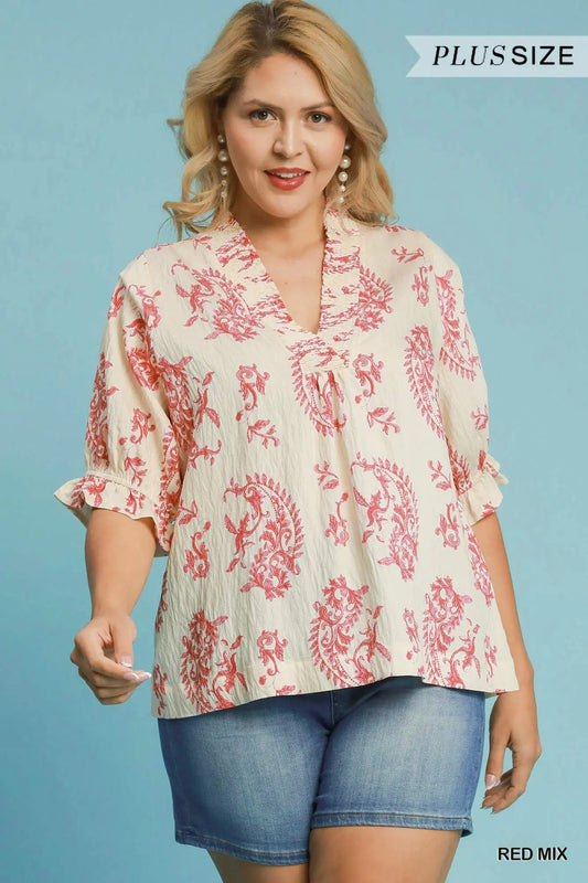 Umgee Red Paisley Print V-Neck Top