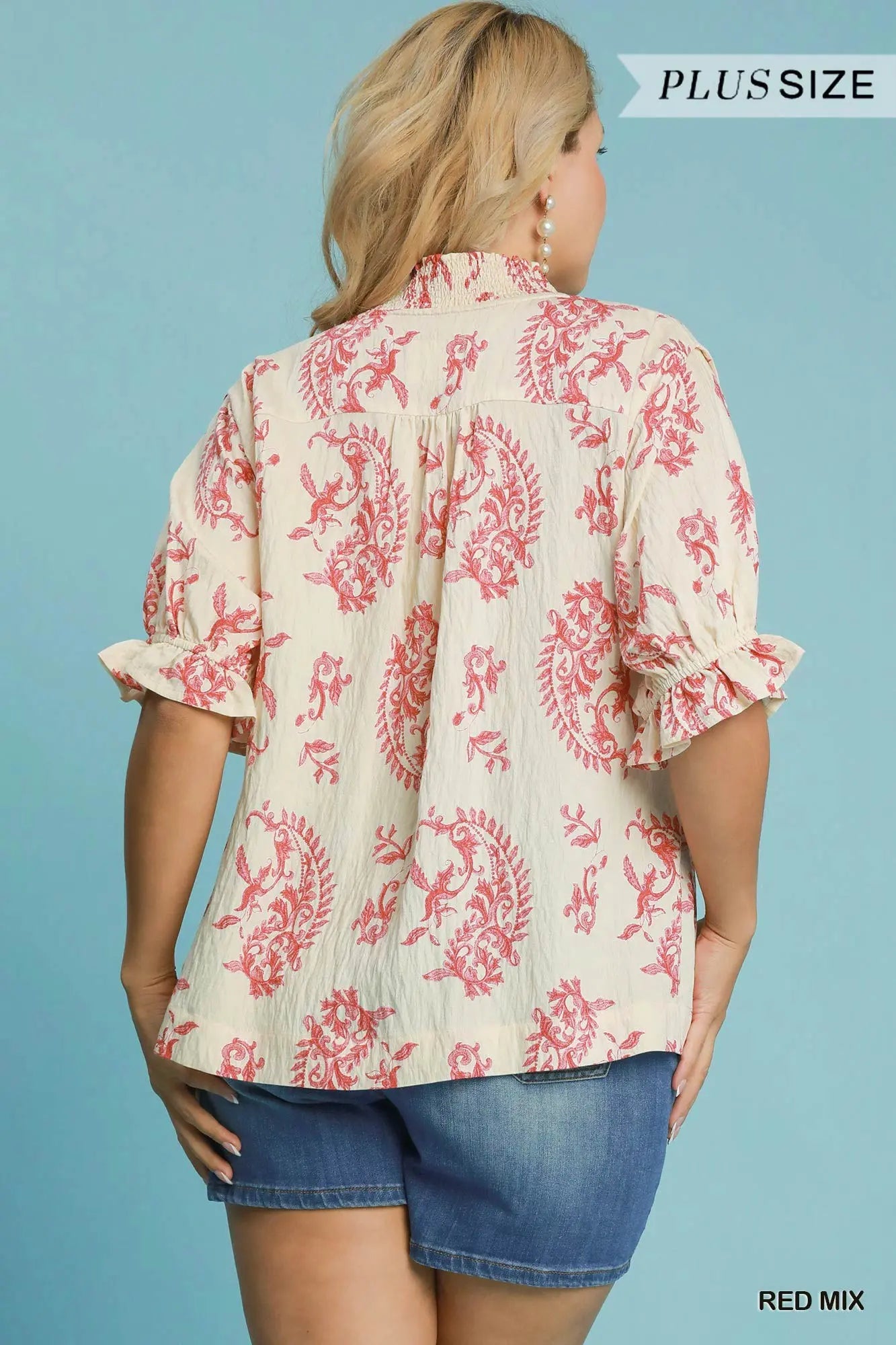 Umgee Red Paisley Print V-Neck Top