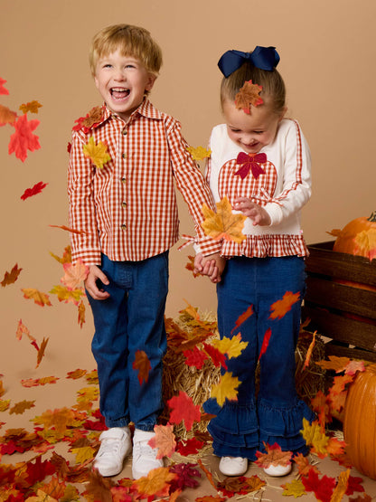 Girls Pumpkin Bow Ivory Applique Ruffle Bow Sweatshirt