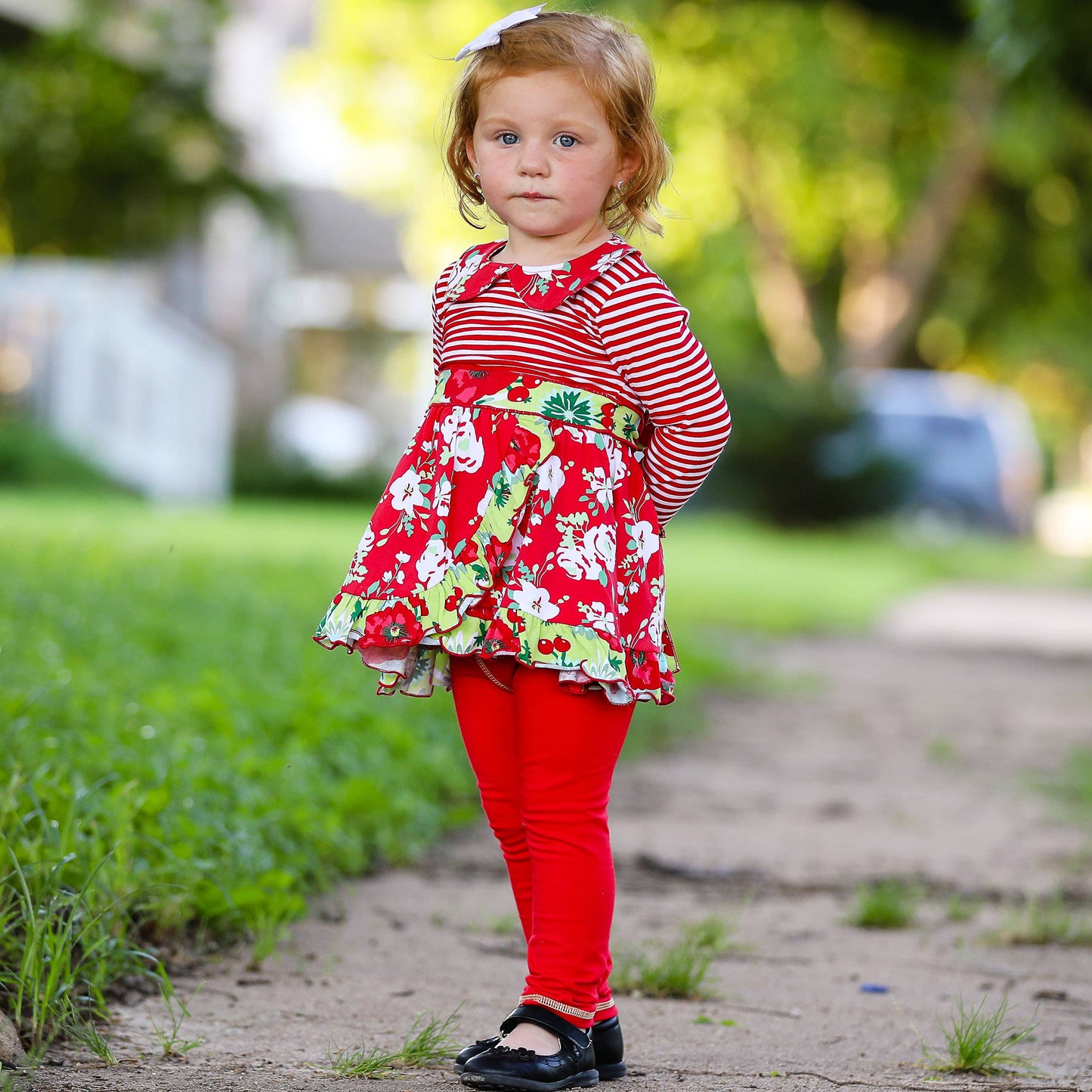 AnnLoren Dress & Leggings Red Floral Stripes Girls Clothing