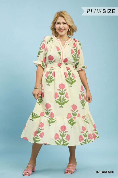 Umgee Cream Floral Smocked Midi Dress