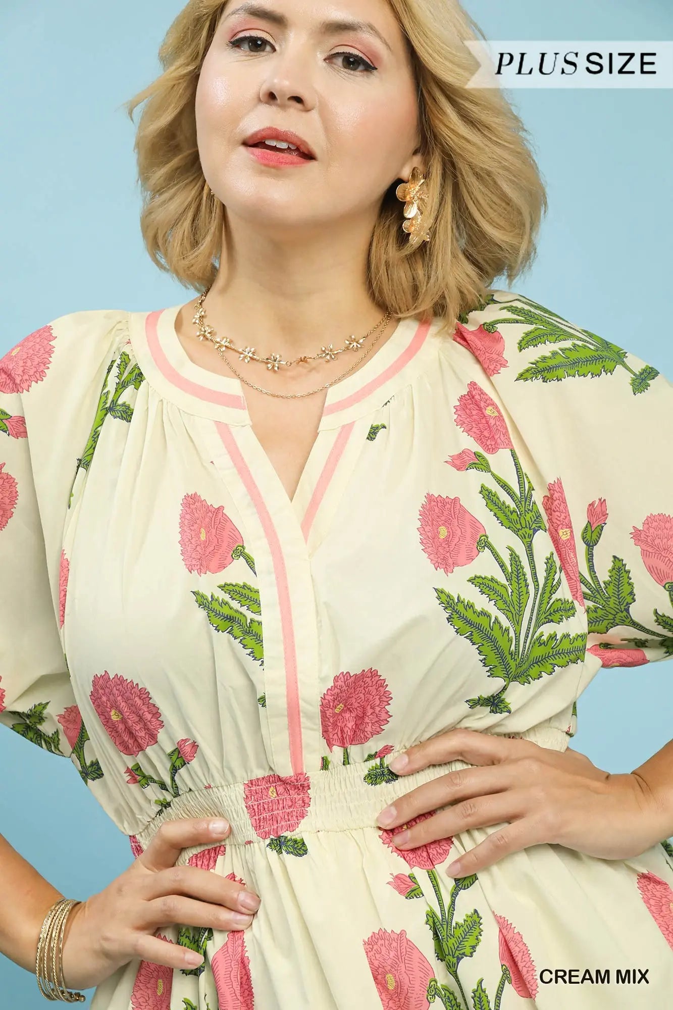Umgee Cream Floral Smocked Midi Dress