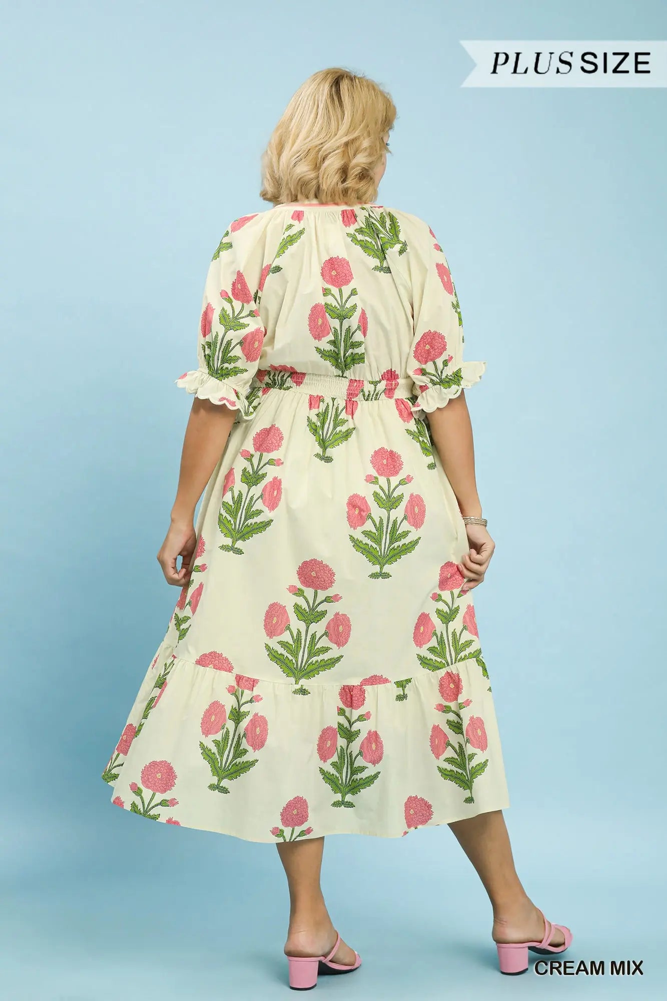 Umgee Cream Floral Smocked Midi Dress