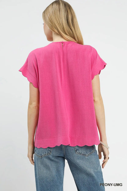 Umgee Scallop Hem Linen Blend Top