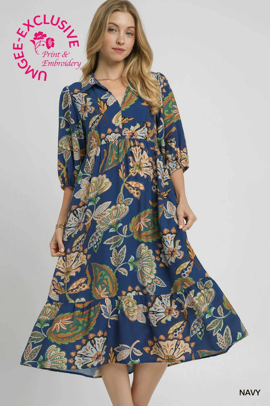 Umgee  Boho Paisley Tiered Midi Dress - Navy