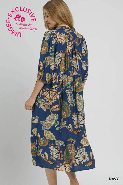 Umgee  Boho Paisley Tiered Midi Dress - Navy