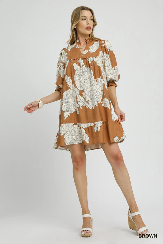 Umgee  Floral Tiered Babydoll Dress - Brown