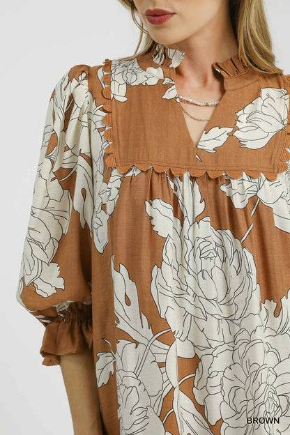 Umgee  Floral Tiered Babydoll Dress - Brown