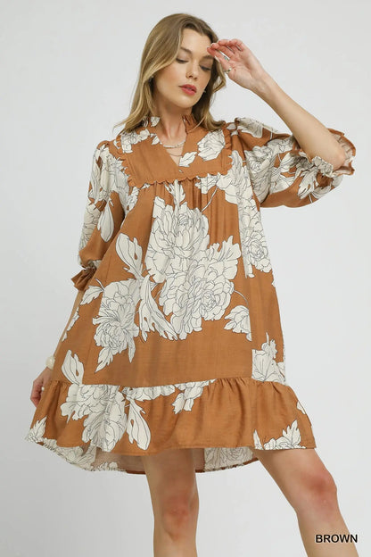 Umgee  Floral Tiered Babydoll Dress - Brown