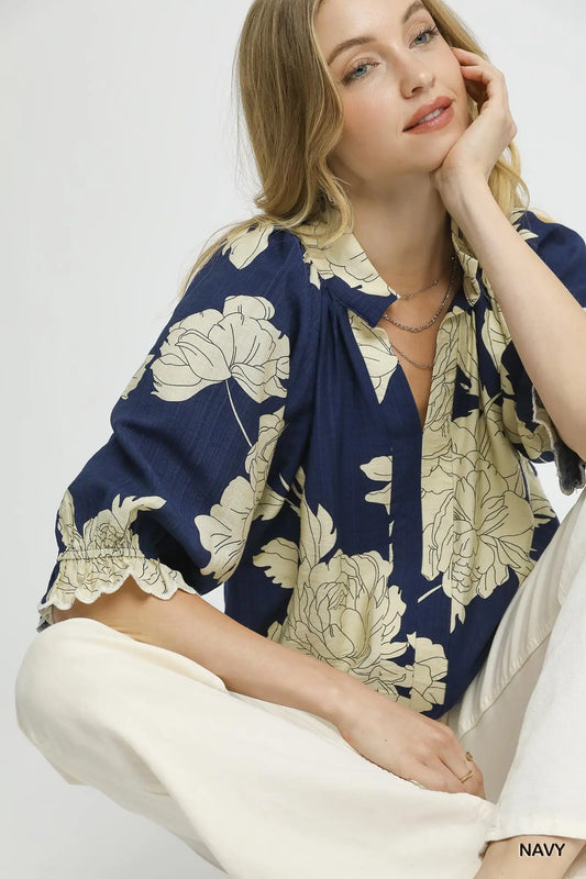 Umgee Peony Print High Neck Top - Navy