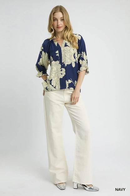 Umgee Peony Print High Neck Top - Navy