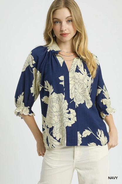 Umgee Peony Print High Neck Top - Navy