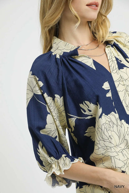 Umgee Peony Print High Neck Top - Navy