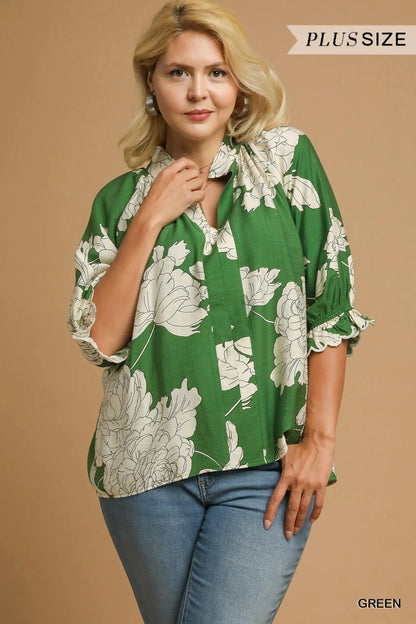 Umgee Peony Print High Neck Top - Green