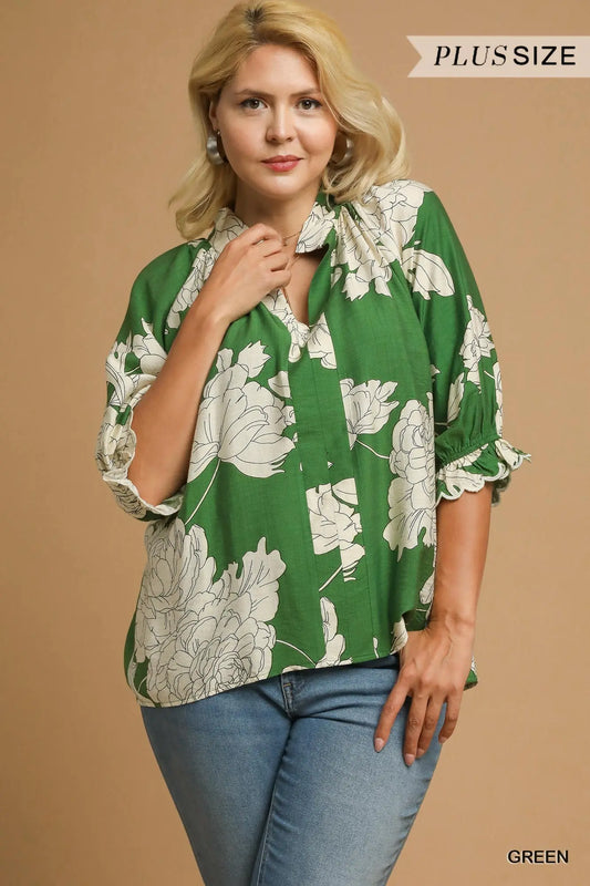 Umgee Peony Print High Neck Top - Green
