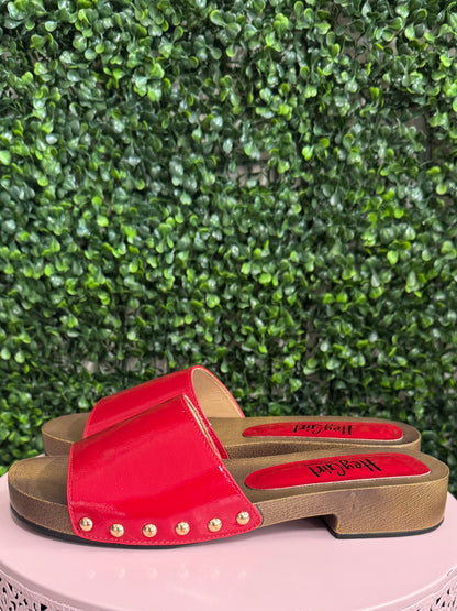 Corkys red patent sandals for women, glossy red slip on sandals, Perfect for a casual fourth of July