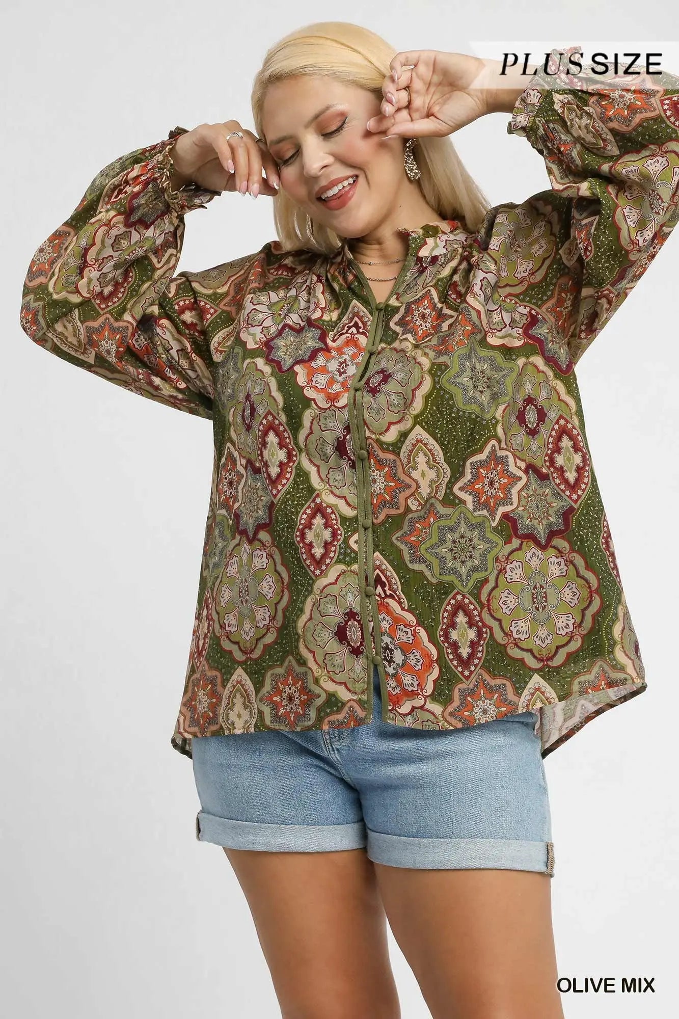 Umgee Boho Mosaic Print Button Down Blouse - Olive