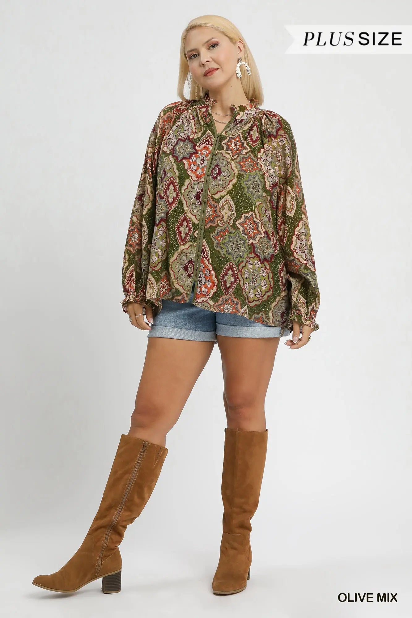 Umgee Boho Mosaic Print Button Down Blouse - Olive