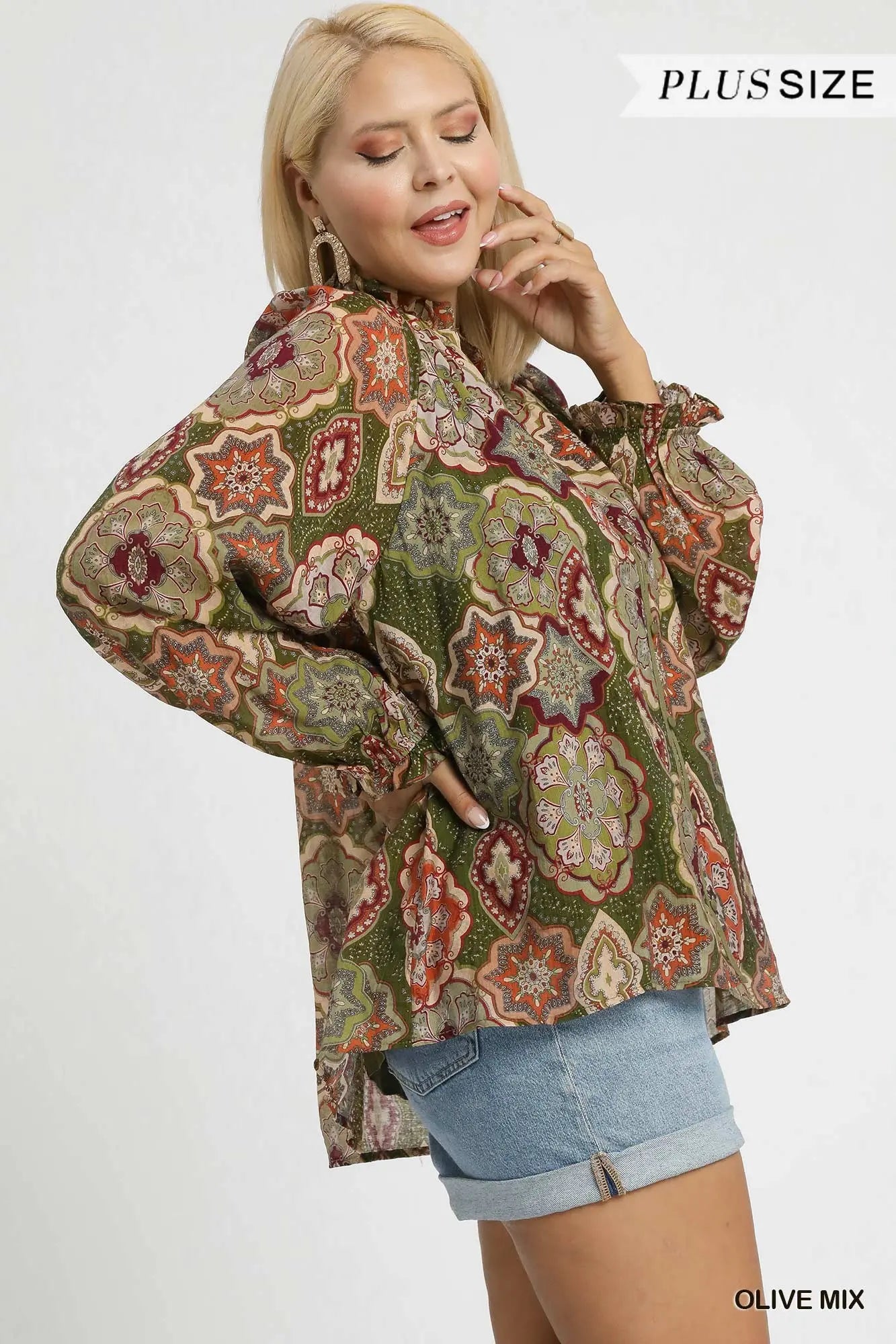 Umgee Boho Mosaic Print Button Down Blouse - Olive