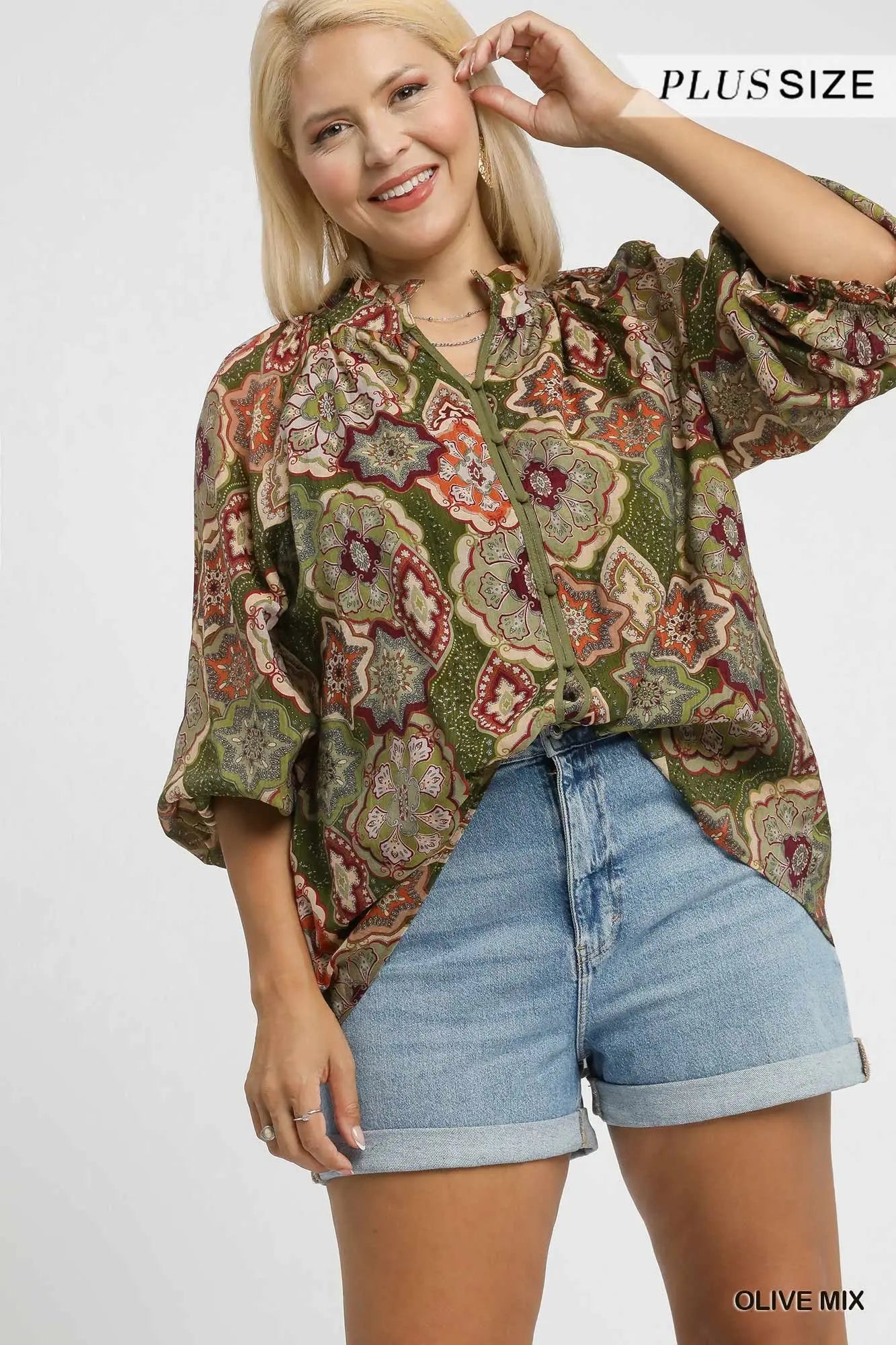 Umgee Boho Mosaic Print Button Down Blouse - Olive